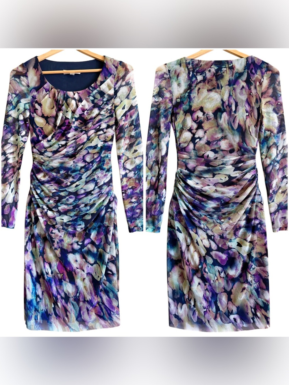 KAY UNGER Y2k Watercolor Trendy Ruched Cocktail Party Mesh Bodycon Dress Sz XS